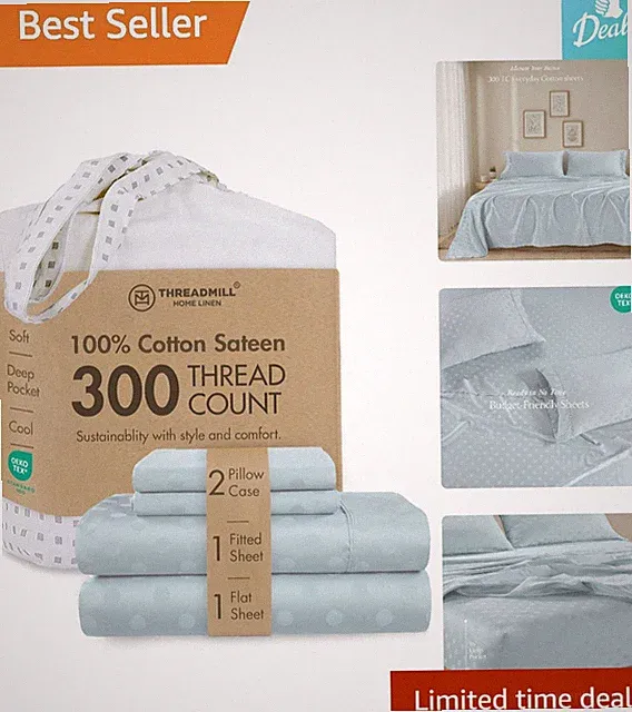 Chic Light Blue Damask Jacquard Queen Sheet Set - Soft and Breathable Cotton
