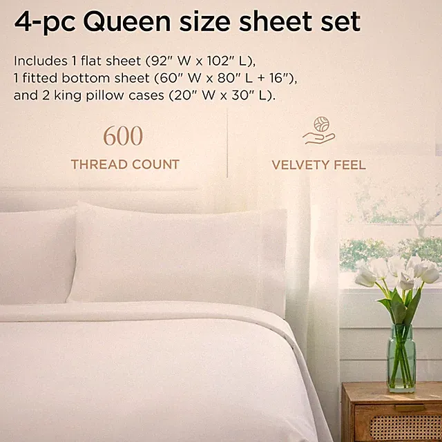 Hotel White 4-Piece Queen Bed Sheets - Sateen Weave