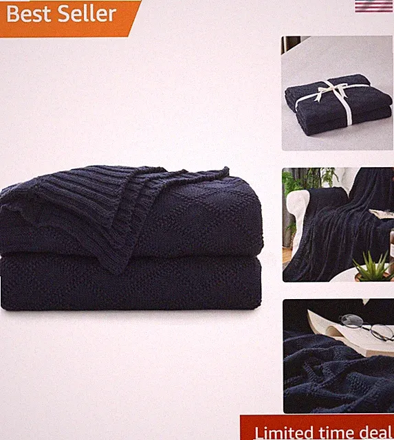 Luxurious 100% Cotton Navy Throw Blanket with Bonus Laundering Bag - 50x60