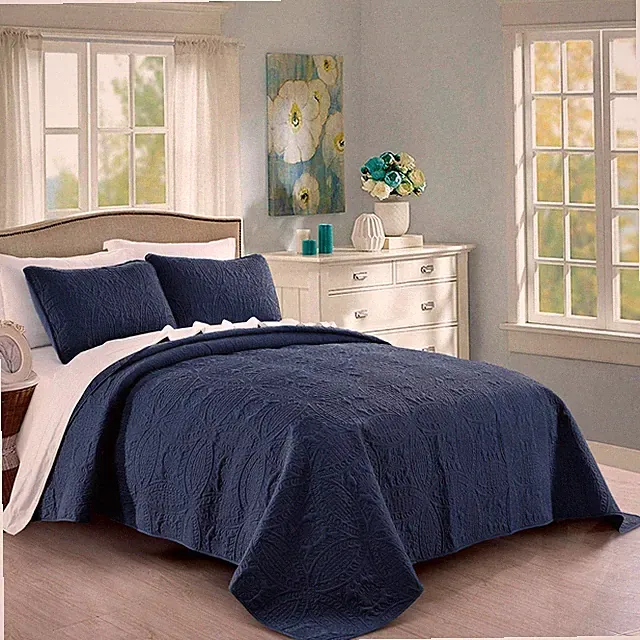 Pure Bedding Quilt Set Full/Queen Size Navy - Oversized Bedspread - Soft