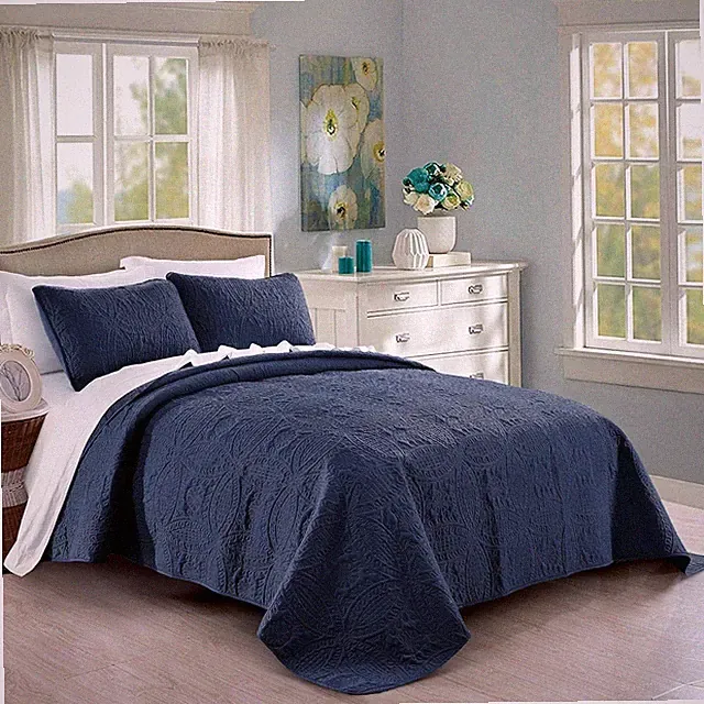 Pure Bedding Quilt Set Full/Queen Size Navy - Oversized Bedspread - Soft Microfi