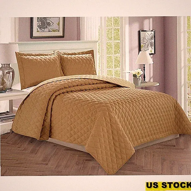 Ultra Soft Reversible Microfiber Quilt Set W/ Box-Stitching Corner Tabs New